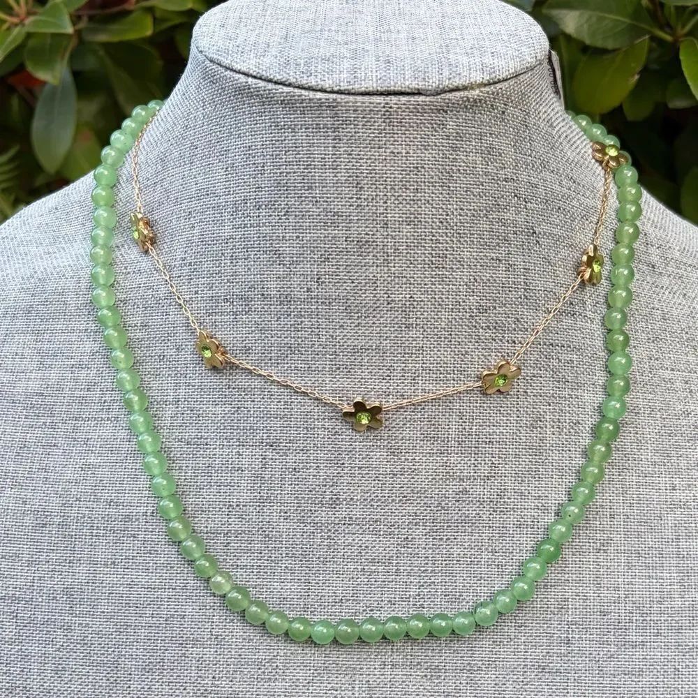New Two Urban Outfitters (OU) Gold & Green Flower/Green Bead Layer Necklaces NWT